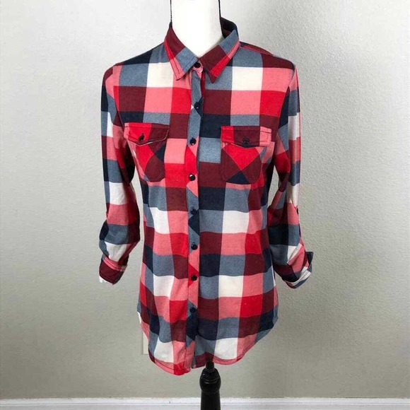 R N B Shirt Red Black Check Roll Tab Button Up Pockets Colorful Womens Medium - Picture 2 of 15
